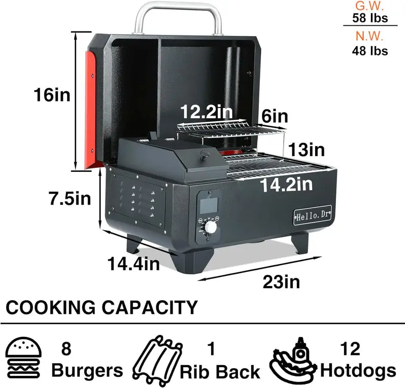 Compact Electric Wood Pellet Grill & Smoker – 8-in-1 Tabletop BBQ for RVs, Camping & Tailgating | Precision Temp Control + Steam-Assisted Cooking