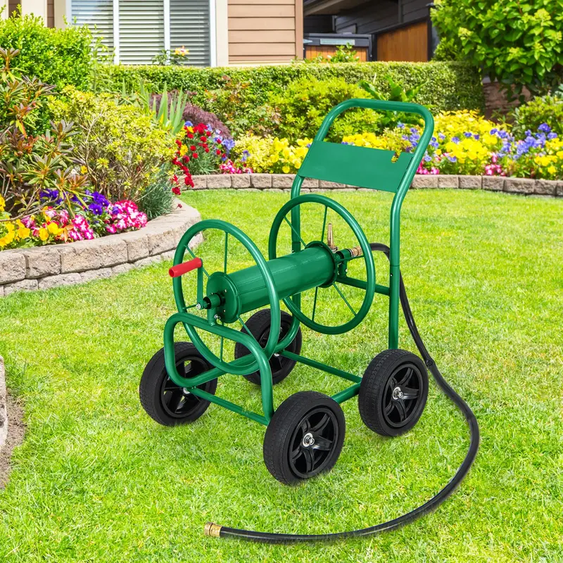 Compact Garden Hose Reel on Wheeled Cart for Easy Storage