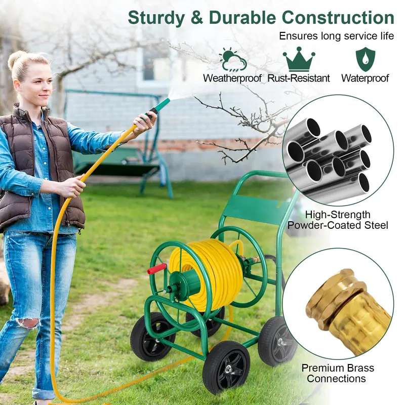 Compact Garden Hose Reel on Wheeled Cart for Easy Storage