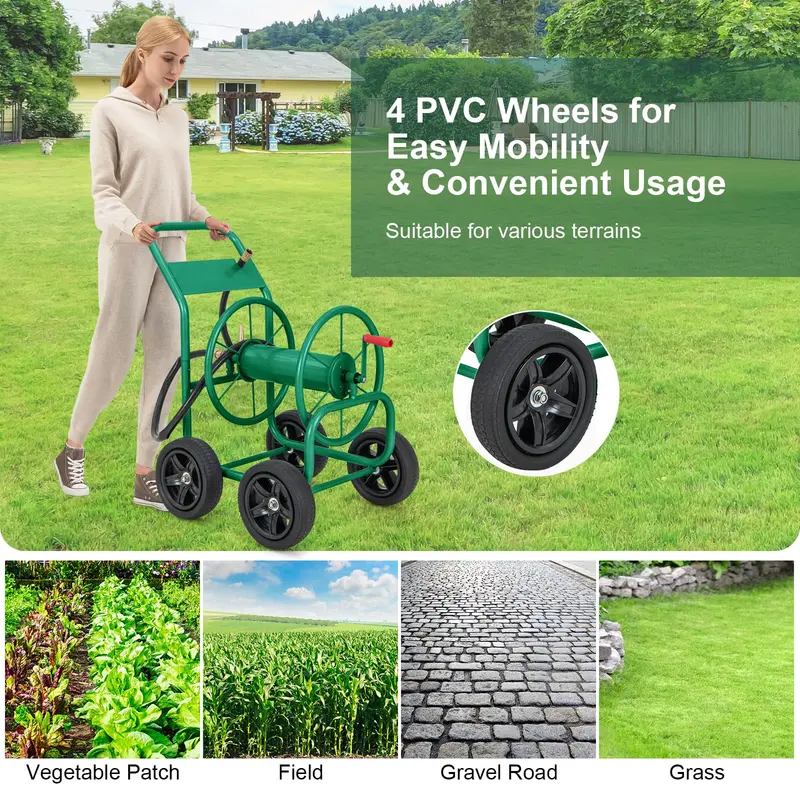 Compact Garden Hose Reel on Wheeled Cart for Easy Storage