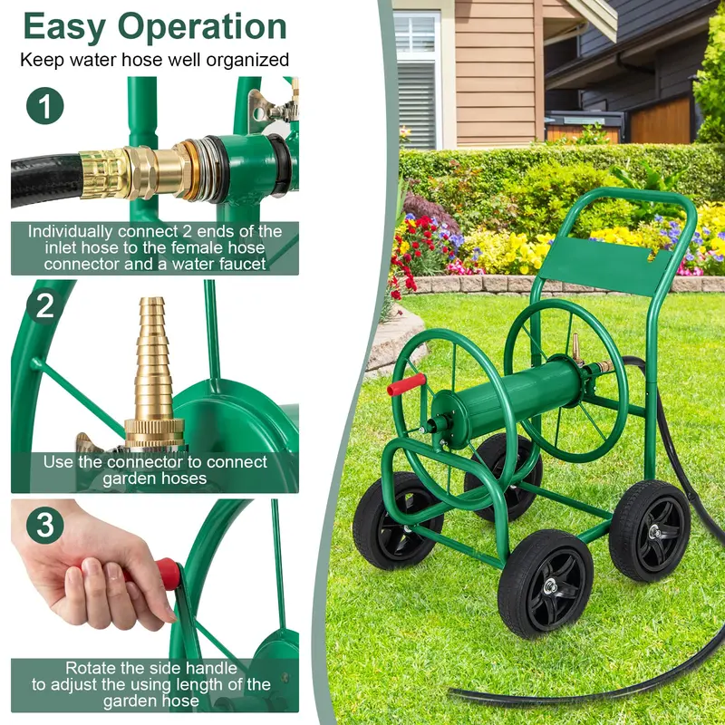 Compact Garden Hose Reel on Wheeled Cart for Easy Storage