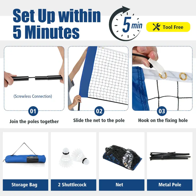 Compact Portable Net Kit, 10-Foot Versatile Badminton, Volleyball & Pickleball Setup