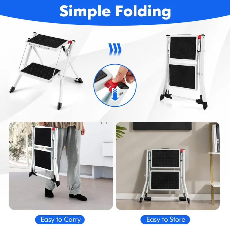 Compact Two-Step Folding Stool, Lightweight Portable Step Ladder with Non-Slip Footpads