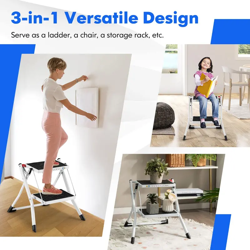 Compact Two-Step Folding Stool, Lightweight Portable Step Ladder with Non-Slip Footpads