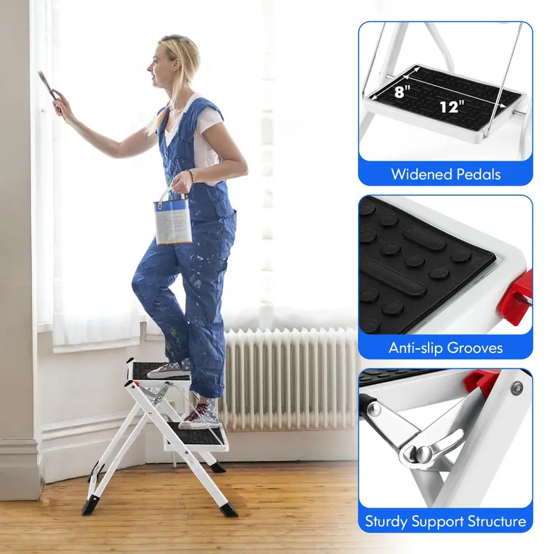 Compact Two-Step Folding Stool, Lightweight Portable Step Ladder with Non-Slip Footpads