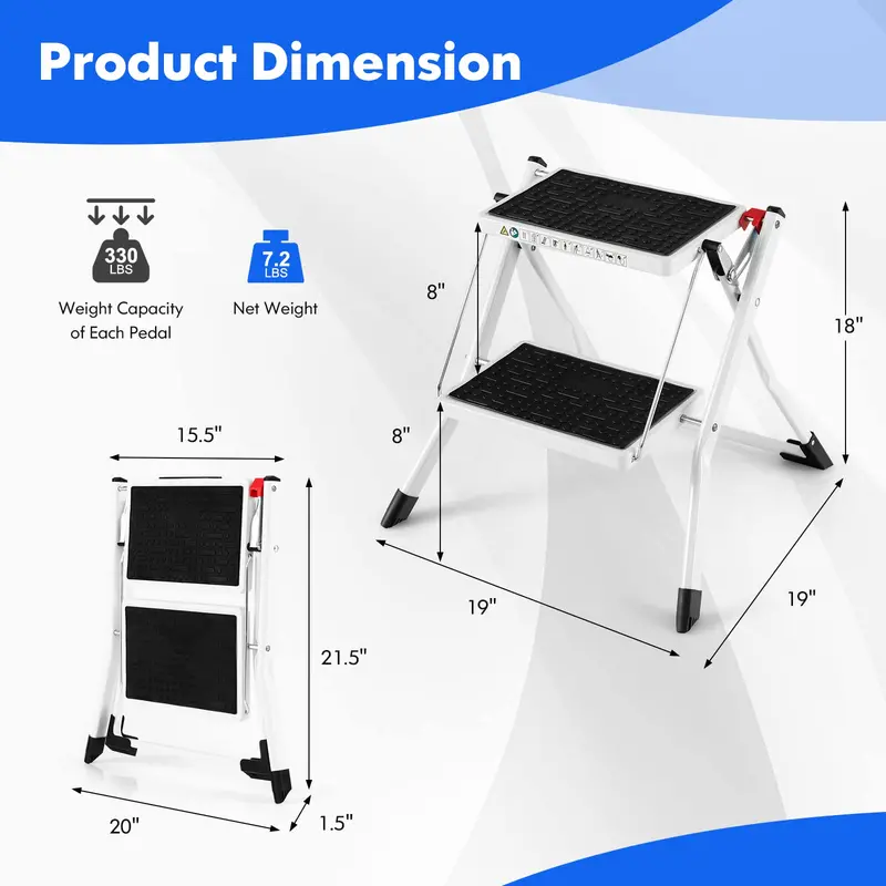 Compact Two-Step Folding Stool, Lightweight Portable Step Ladder with Non-Slip Footpads