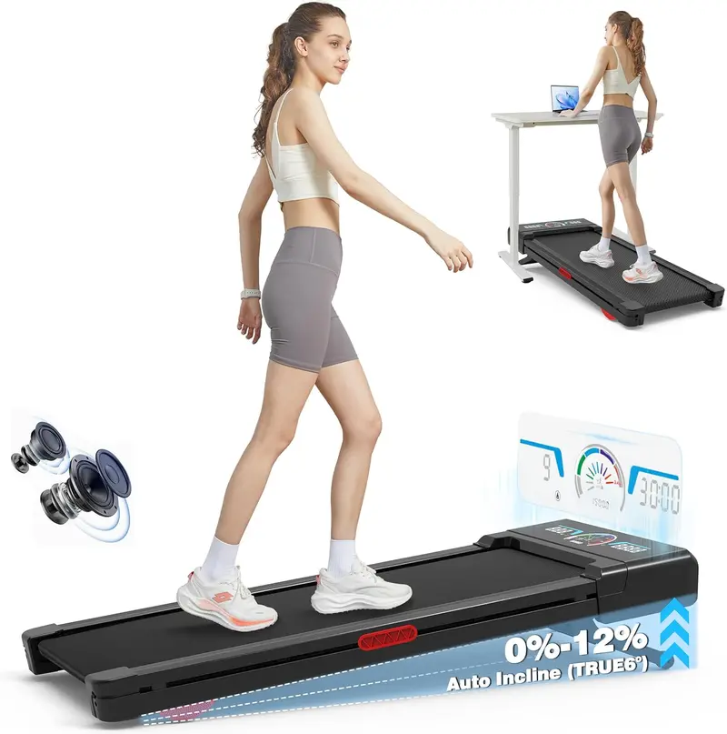 Compact Under-Desk Walking Pad Treadmill – 12% Auto Incline, 450 lb Capacity, RGB Display & Bluetooth Speaker for Home Office Fitness