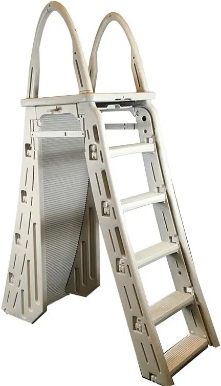 Confer Plastics Roll Guard A-Frame Pool Ladder – Adjustable 48–56 Inch Safety Step Ladder with Barrier for Above-Ground Pools (Warm Grey)