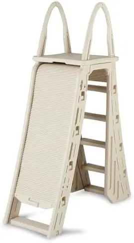Confer Plastics Roll Guard A-Frame Pool Ladder – Adjustable 48–56 Inch Safety Step Ladder with Barrier for Above-Ground Pools (Warm Grey)