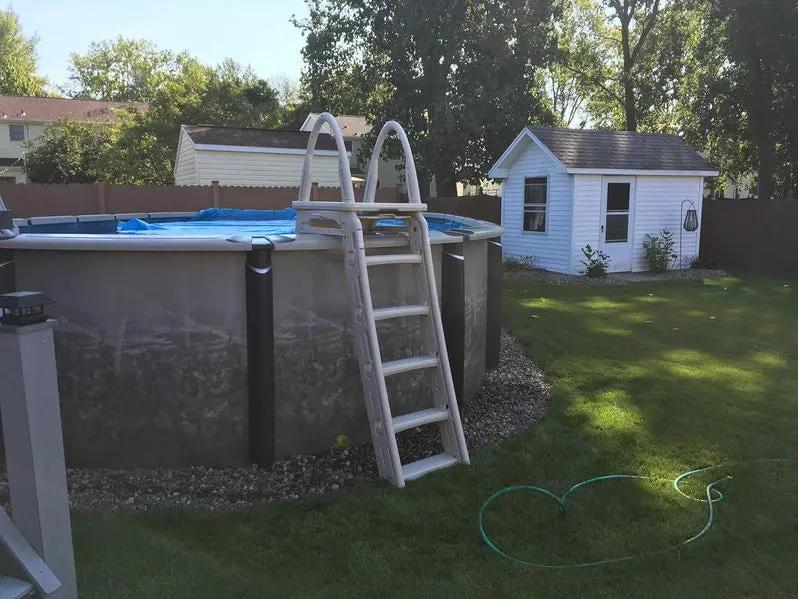 Confer Plastics Roll Guard A-Frame Pool Ladder – Adjustable 48–56 Inch Safety Step Ladder with Barrier for Above-Ground Pools (Warm Grey)