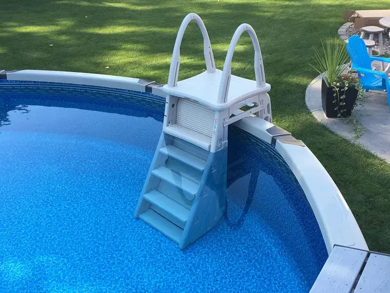 Confer Plastics Roll Guard A-Frame Pool Ladder – Adjustable 48–56 Inch Safety Step Ladder with Barrier for Above-Ground Pools (Warm Grey)