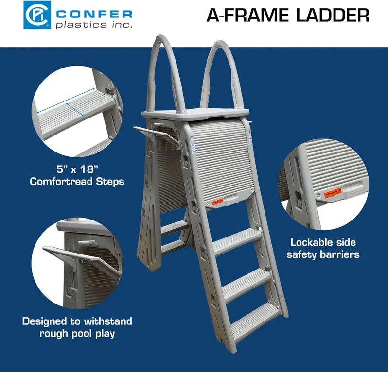 Confer Plastics Roll Guard A-Frame Pool Ladder – Adjustable 48–56 Inch Safety Step Ladder with Barrier for Above-Ground Pools (Warm Grey)