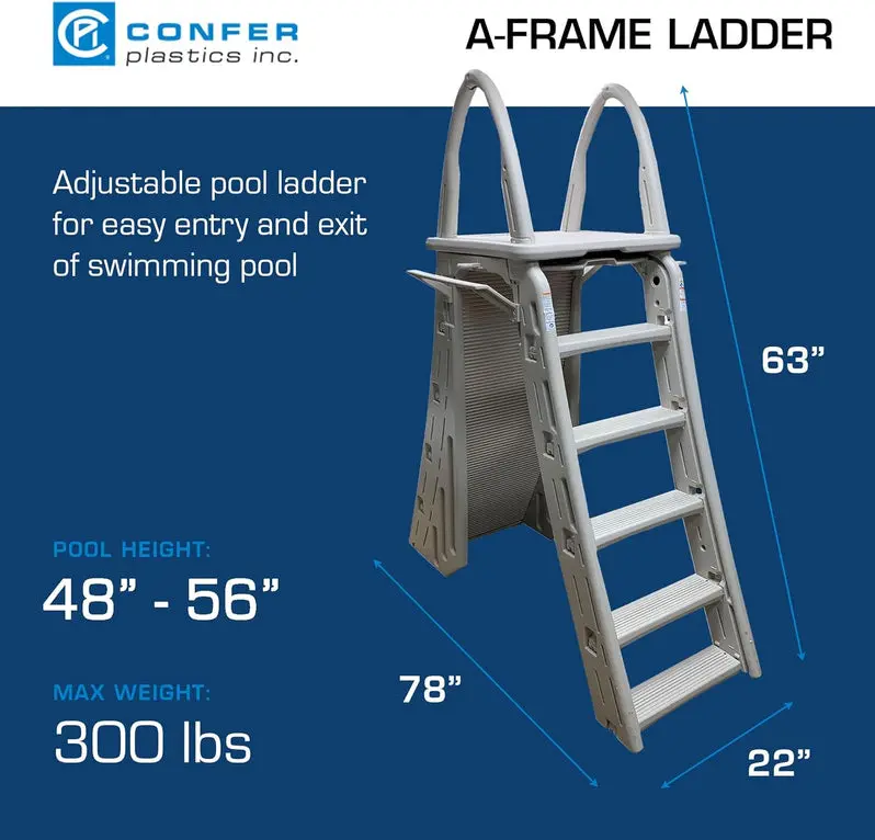 Confer Plastics Roll Guard A-Frame Pool Ladder – Adjustable 48–56 Inch Safety Step Ladder with Barrier for Above-Ground Pools (Warm Grey)