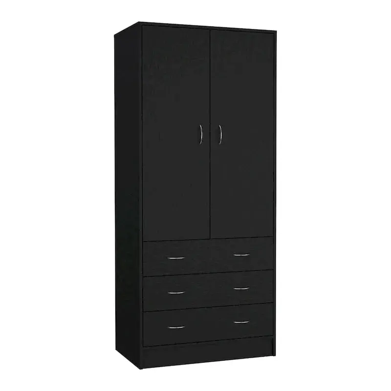 Contemporary Double-Door Armoire – Full-Height Bedroom Storage Unit with Hanging Rod and Three Drawers
