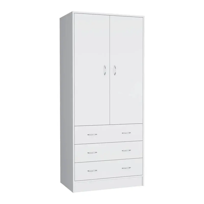 Contemporary Double-Door Armoire – Full-Height Bedroom Storage Unit with Hanging Rod and Three Drawers 2
