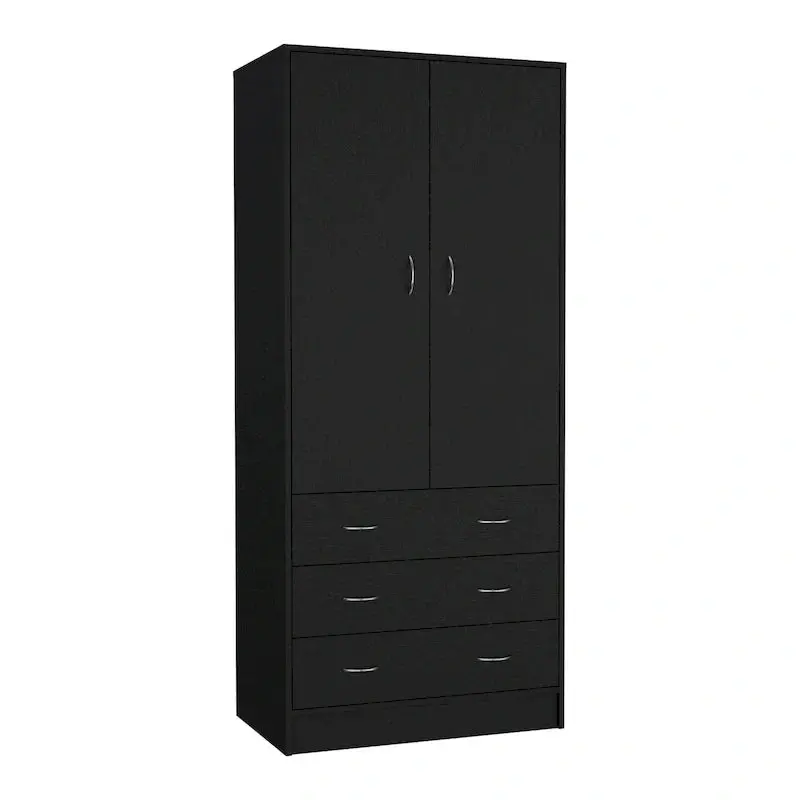Contemporary Double-Door Armoire – Full-Height Bedroom Storage Unit with Hanging Rod and Three Drawers
