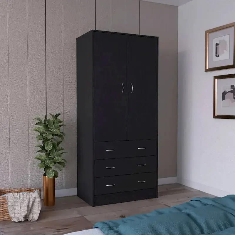 Contemporary Double-Door Armoire – Full-Height Bedroom Storage Unit with Hanging Rod and Three Drawers