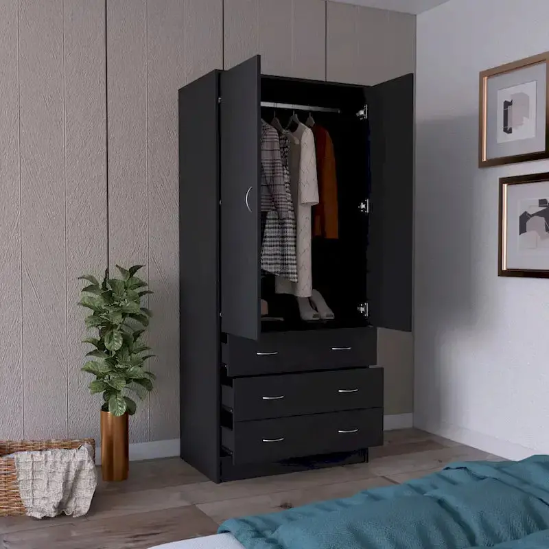 Contemporary Double-Door Armoire – Full-Height Bedroom Storage Unit with Hanging Rod and Three Drawers