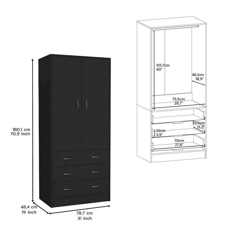 Contemporary Double-Door Armoire – Full-Height Bedroom Storage Unit with Hanging Rod and Three Drawers