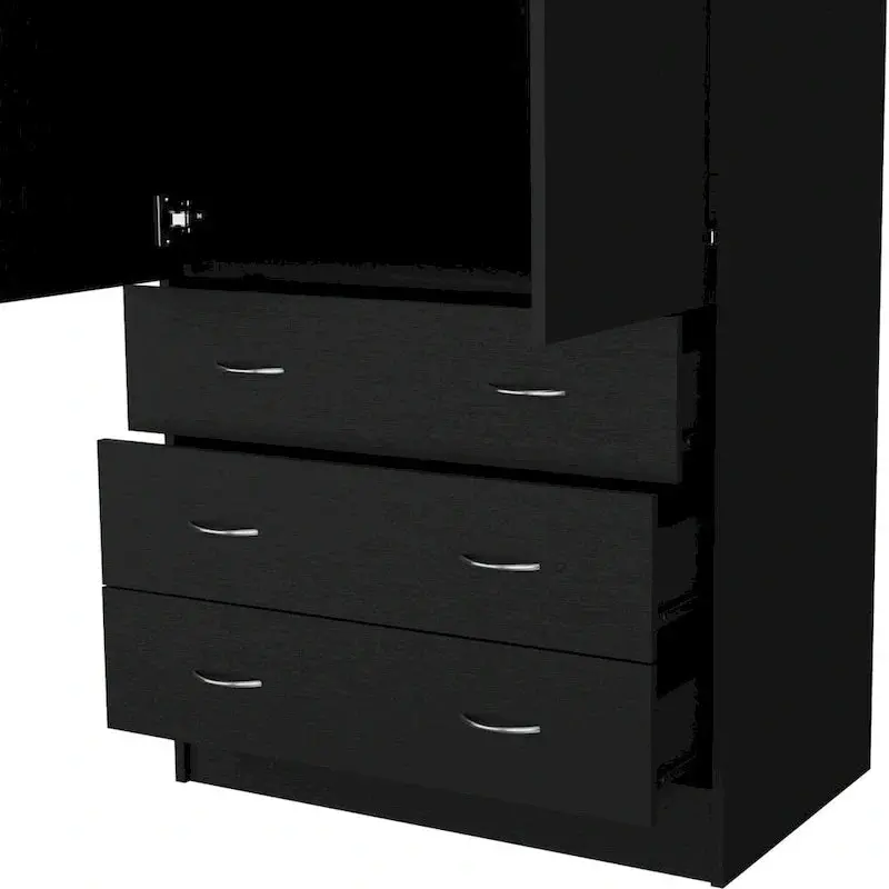 Contemporary Double-Door Armoire – Full-Height Bedroom Storage Unit with Hanging Rod and Three Drawers