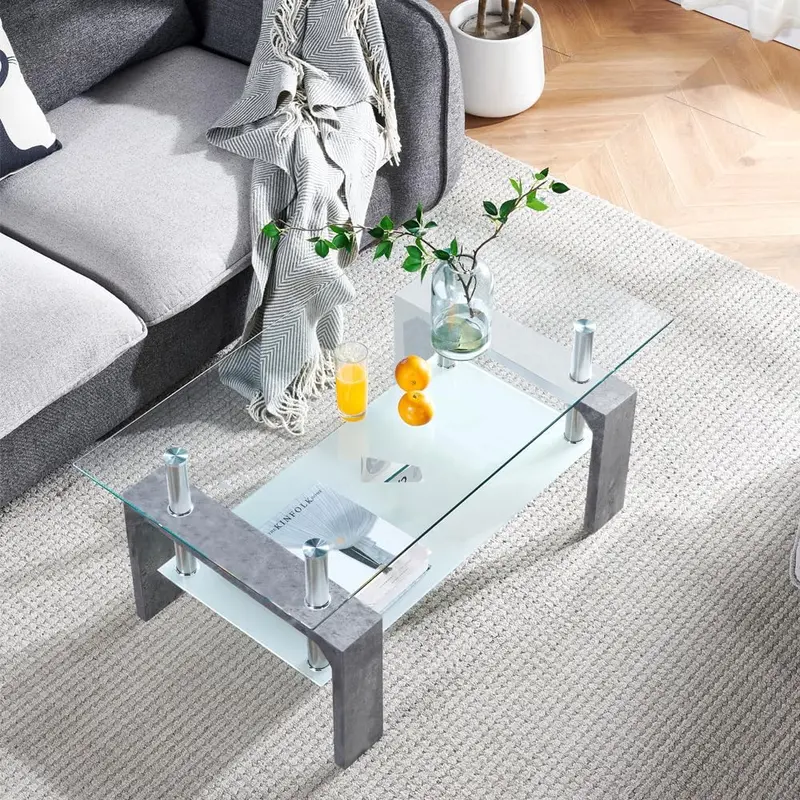Contemporary Rectangle Living Room Coffee Table – Glass Top with Wooden Legs, Versatile Design for Waiting Areas & Modern Interiors 1