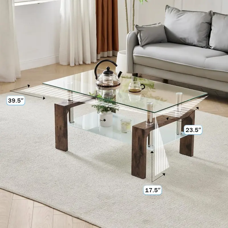Contemporary Rectangle Living Room Coffee Table – Glass Top with Wooden Legs, Versatile Design for Waiting Areas & Modern Interiors