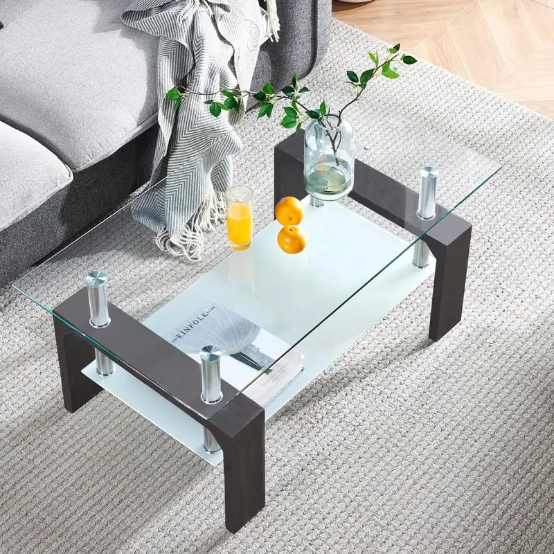 Contemporary Rectangle Living Room Coffee Table – Glass Top with Wooden Legs, Versatile Design for Waiting Areas & Modern Interiors