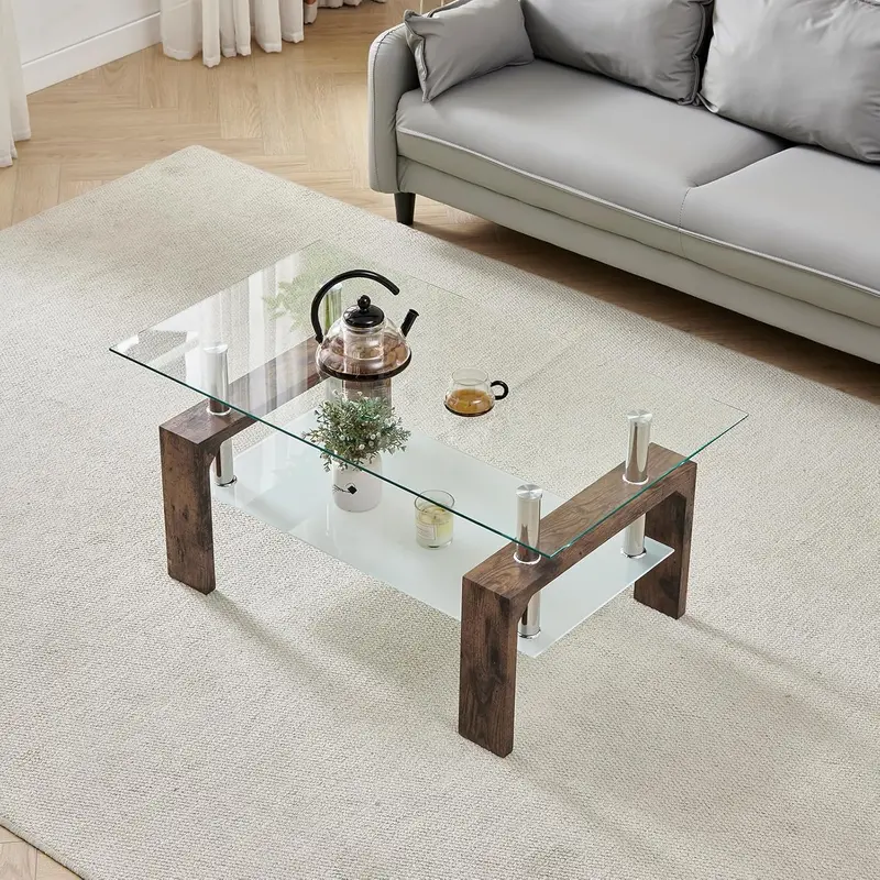 Contemporary Rectangle Living Room Coffee Table – Glass Top with Wooden Legs, Versatile Design for Waiting Areas & Modern Interiors