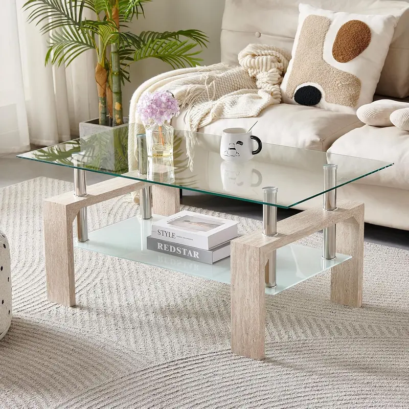 Contemporary Rectangle Living Room Coffee Table – Glass Top with Wooden Legs, Versatile Design for Waiting Areas & Modern Interiors