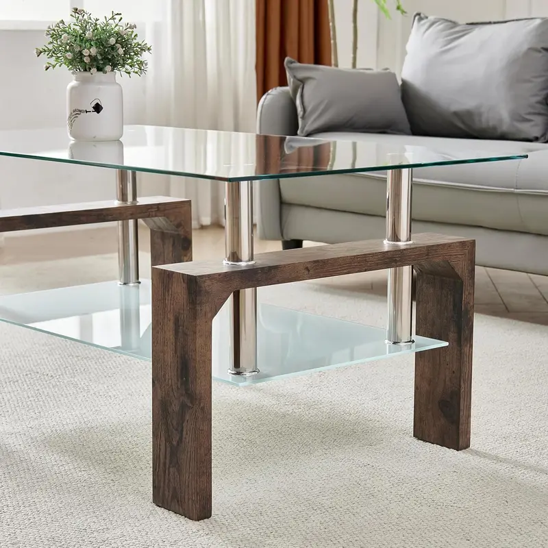 Contemporary Rectangle Living Room Coffee Table – Glass Top with Wooden Legs, Versatile Design for Waiting Areas & Modern Interiors