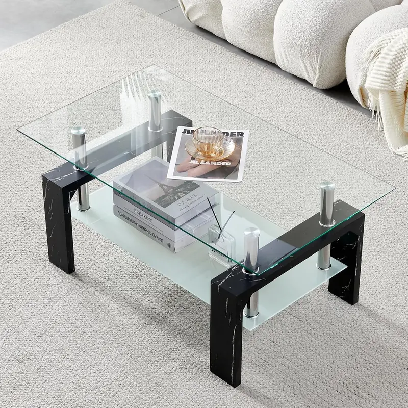 Contemporary Rectangle Living Room Coffee Table – Glass Top with Wooden Legs, Versatile Design for Waiting Areas & Modern Interiors