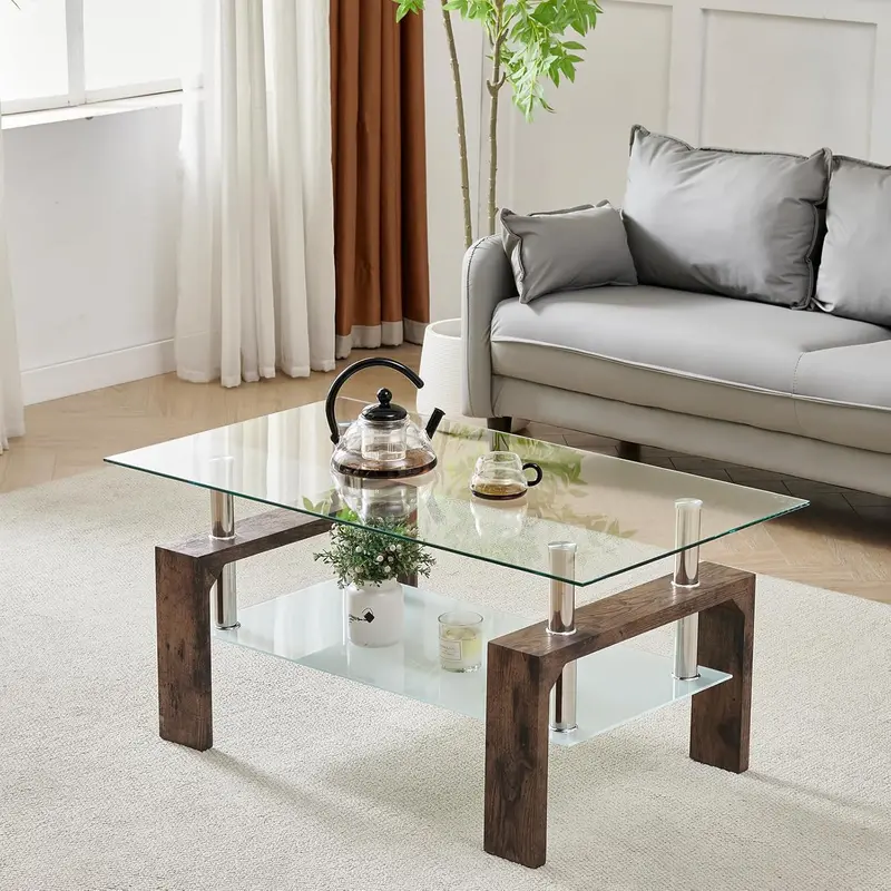 Contemporary Rectangle Living Room Coffee Table – Glass Top with Wooden Legs, Versatile Design for Waiting Areas & Modern Interiors
