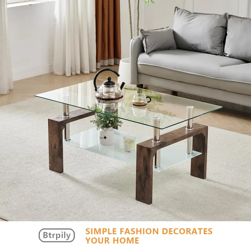 Contemporary Rectangle Living Room Coffee Table – Glass Top with Wooden Legs, Versatile Design for Waiting Areas & Modern Interiors