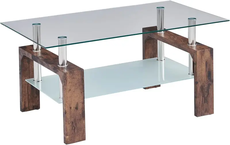 Contemporary Rectangle Living Room Coffee Table – Glass Top with Wooden Legs, Versatile Design for Waiting Areas & Modern Interiors
