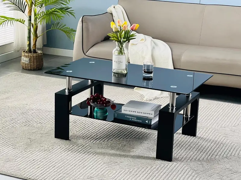 Contemporary Rectangle Living Room Coffee Table – Glass Top with Wooden Legs, Versatile Design for Waiting Areas & Modern Interiors