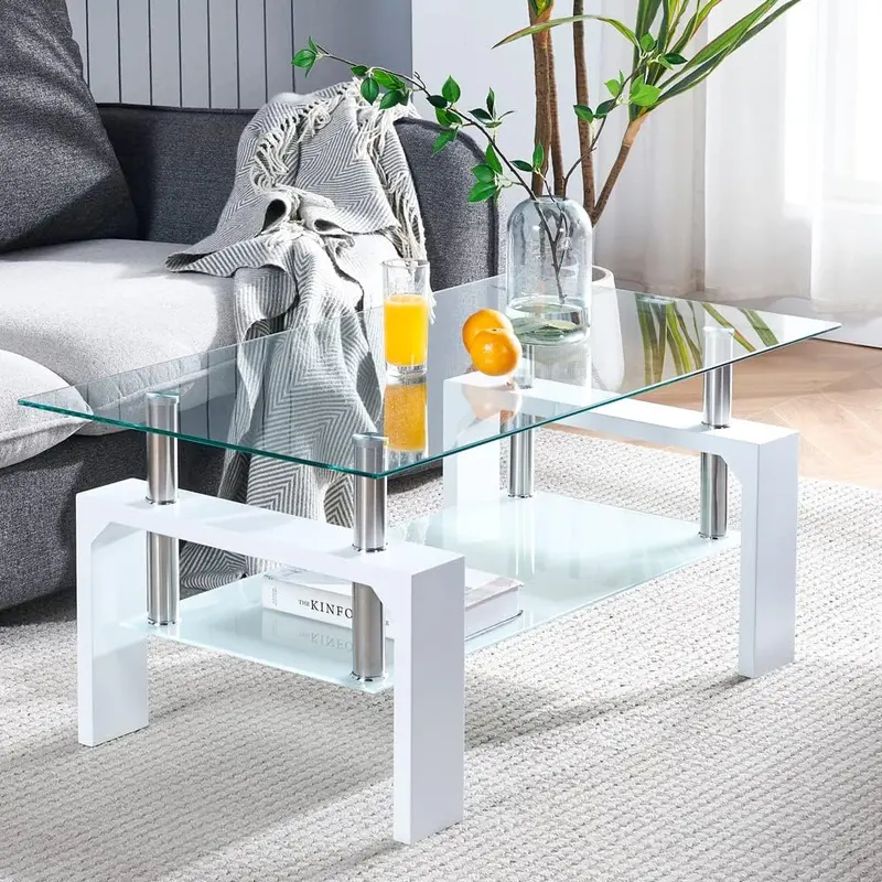 Contemporary Rectangle Living Room Coffee Table – Glass Top with Wooden Legs, Versatile Design for Waiting Areas & Modern Interiors