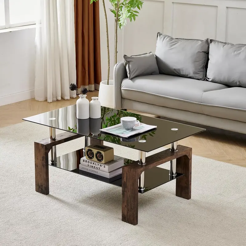 Contemporary Rectangle Living Room Coffee Table – Glass Top with Wooden Legs, Versatile Design for Waiting Areas & Modern Interiors