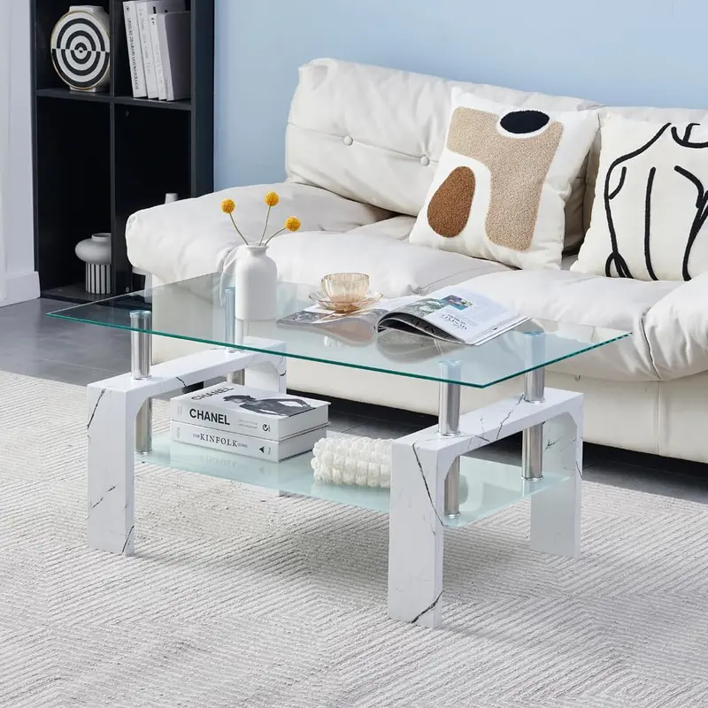 Contemporary Rectangle Living Room Coffee Table – Glass Top with Wooden Legs, Versatile Design for Waiting Areas & Modern Interiors