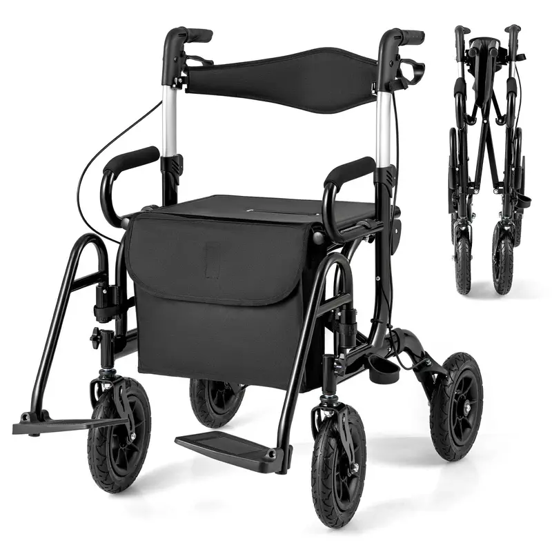 Convertible Rollator Walker and Transport Wheelchair – Foldable Dual-Function Mobility Aid with Locking Brakes