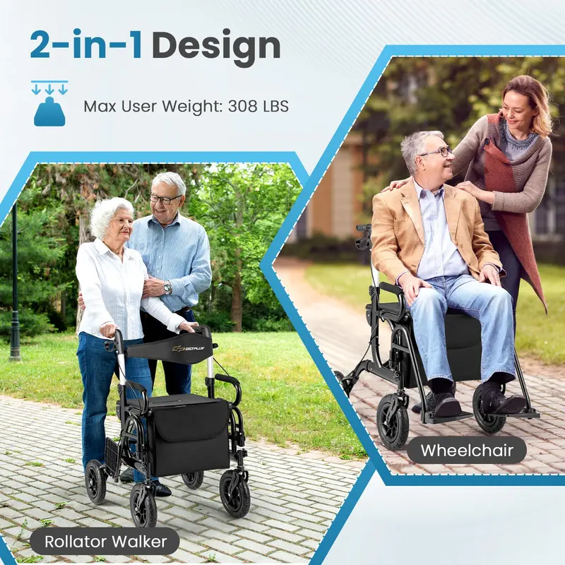 Convertible Rollator Walker and Transport Wheelchair – Foldable Dual-Function Mobility Aid with Locking Brakes 2