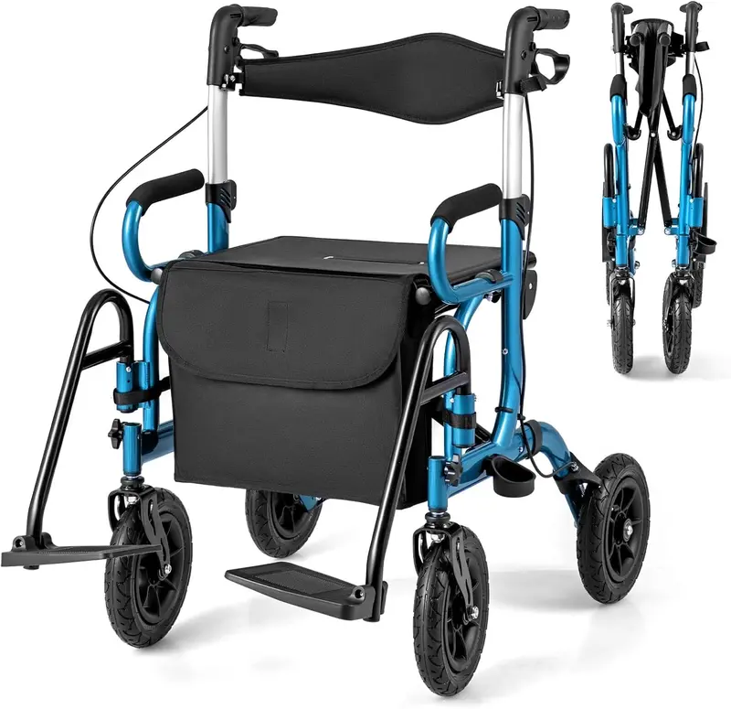 Convertible Rollator Walker and Transport Wheelchair – Foldable Dual-Function Mobility Aid with Locking Brakes