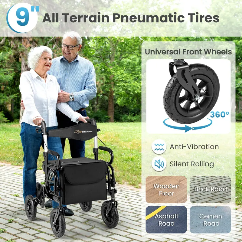 Convertible Rollator Walker and Transport Wheelchair – Foldable Dual-Function Mobility Aid with Locking Brakes