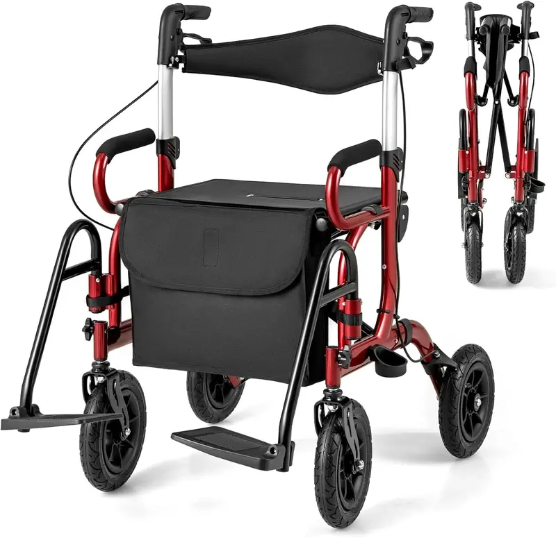 Convertible Rollator Walker and Transport Wheelchair – Foldable Dual-Function Mobility Aid with Locking Brakes