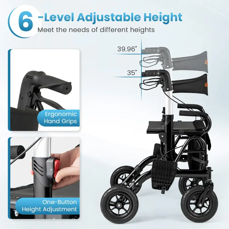 Convertible Rollator Walker and Transport Wheelchair – Foldable Dual-Function Mobility Aid with Locking Brakes