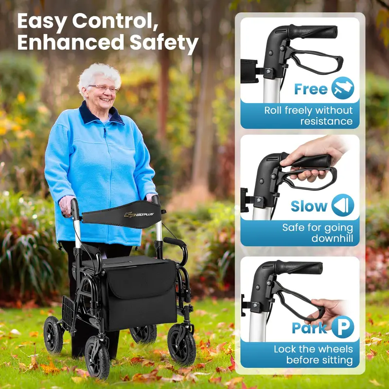 Convertible Rollator Walker and Transport Wheelchair – Foldable Dual-Function Mobility Aid with Locking Brakes