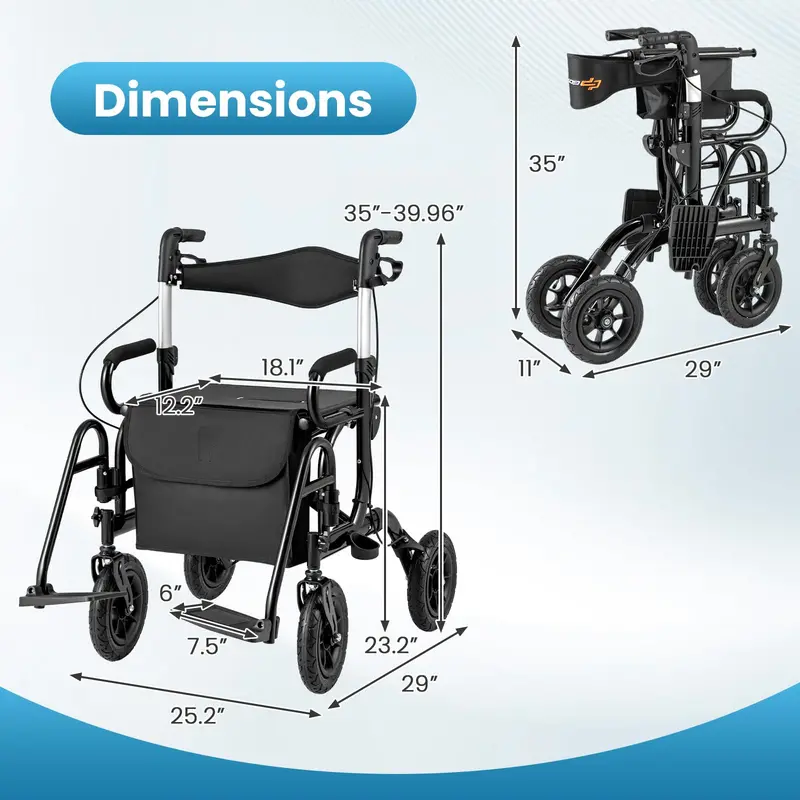 Convertible Rollator Walker and Transport Wheelchair – Foldable Dual-Function Mobility Aid with Locking Brakes