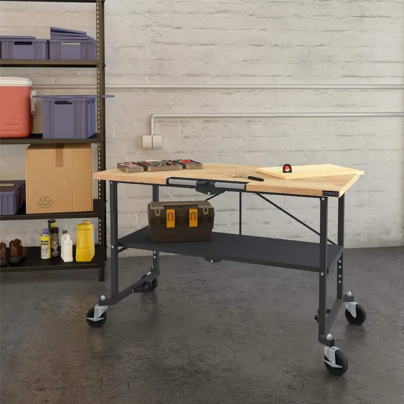 COSCO SmartFold Butcher Block-Style Workbench – 700-Pound Capacity, Gray Finish