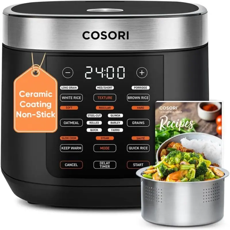 COSORI 10-Cup Rice Cooker — 24-Hour Keep Warm, 18-Function Fuzzy Logic Cooker with Steamer Basket, Sauté & Slow Cook Modes