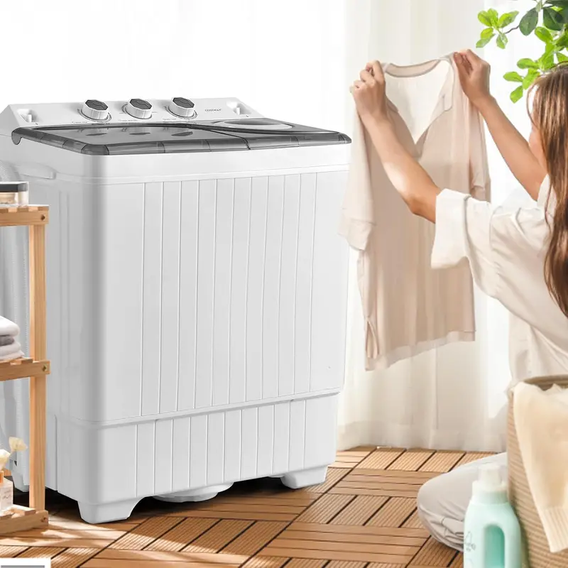COSTWAY Double-Tub Portable Washer – 26-Lb Total Capacity (18-Lb Wash + 8-Lb Spin), Timer Knob & Built-in Drain Pump for Small Spaces 2