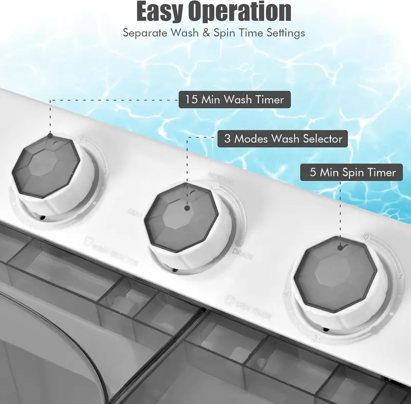 COSTWAY Double-Tub Portable Washer – 26-Lb Total Capacity (18-Lb Wash + 8-Lb Spin), Timer Knob & Built-in Drain Pump for Small Spaces